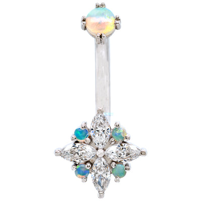 "Pleades" Navel J Curve in Gold & Platinum with White CZ & Genuine White Opals