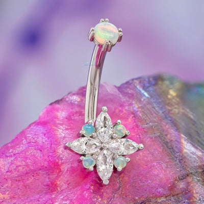 "Pleades" Navel J Curve in Gold & Platinum with White CZ & Genuine White Opals