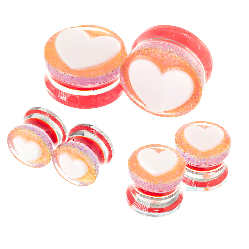 Heart Glass Plugs - White on Magenta Dichroic