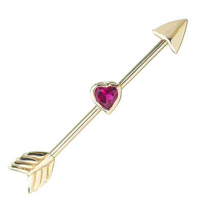 "Straight Thru My Heart" Industrial Barbell in Gold with Red CZ
