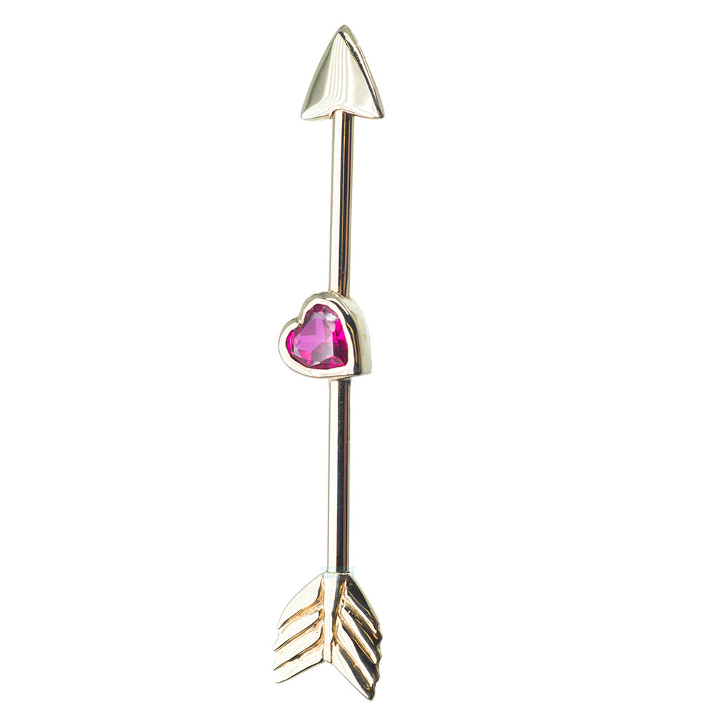 "Straight Thru My Heart" Industrial Barbell in Gold with Red CZ