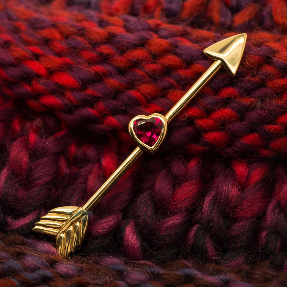 "Straight Thru My Heart" Industrial Barbell in Gold with Red CZ