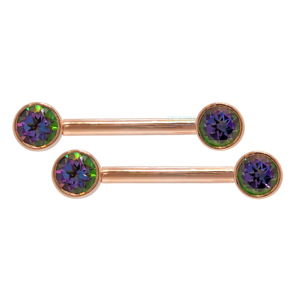 Forward Facing Nipple Barbells in Gold with Mystic Topaz