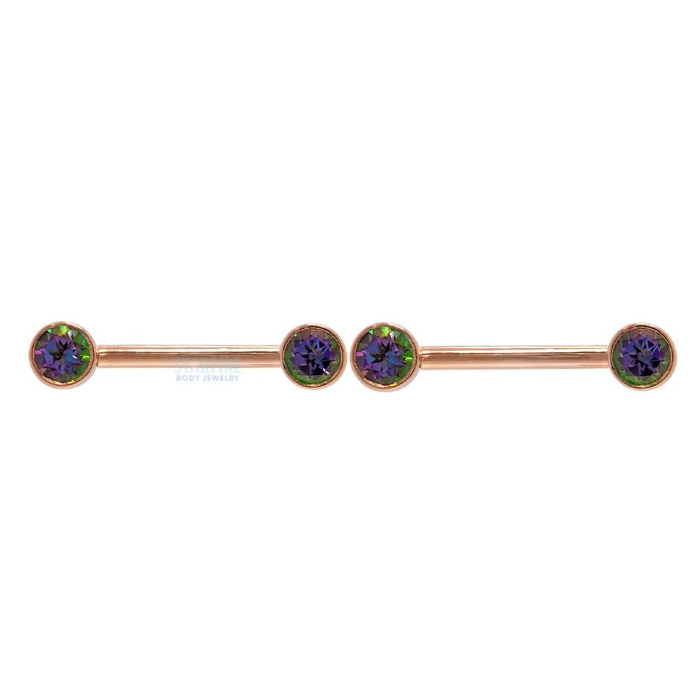 Forward Facing Nipple Barbells in Gold with Mystic Topaz