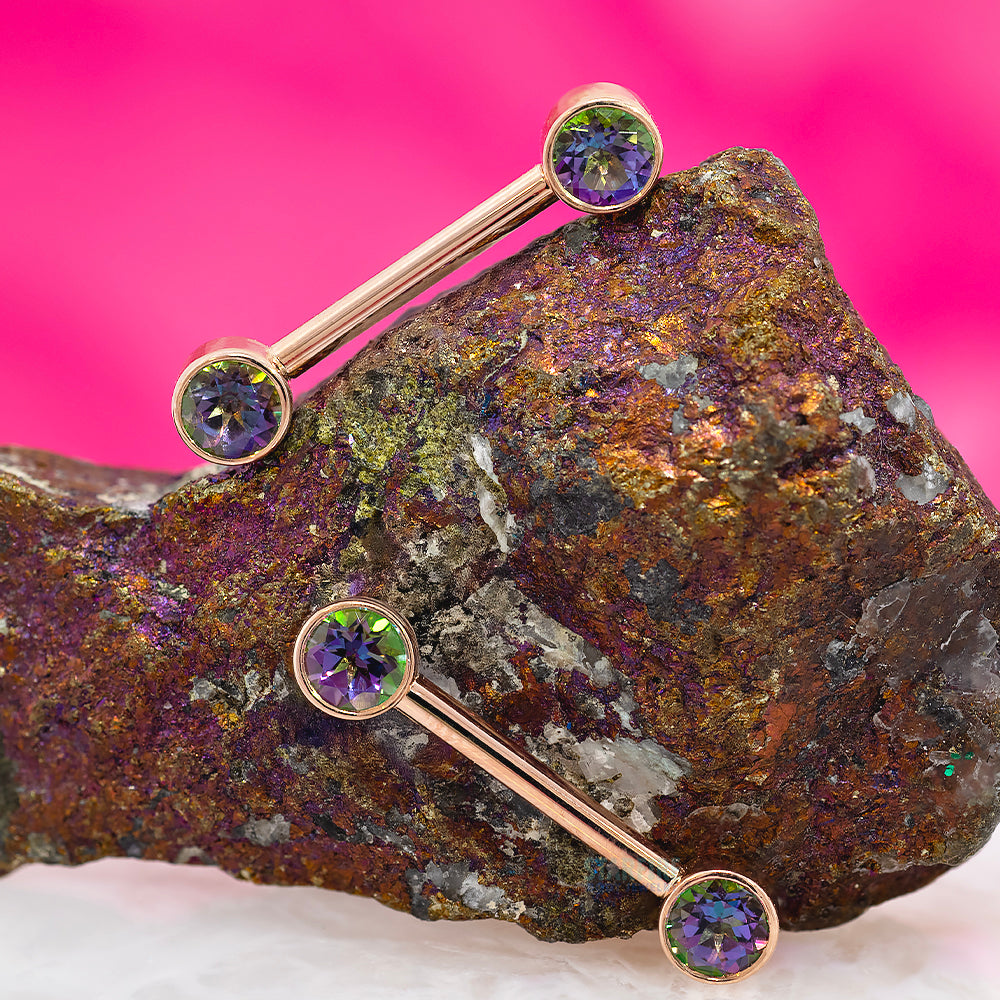 Forward Facing Nipple Barbells in Gold with Mystic Topaz