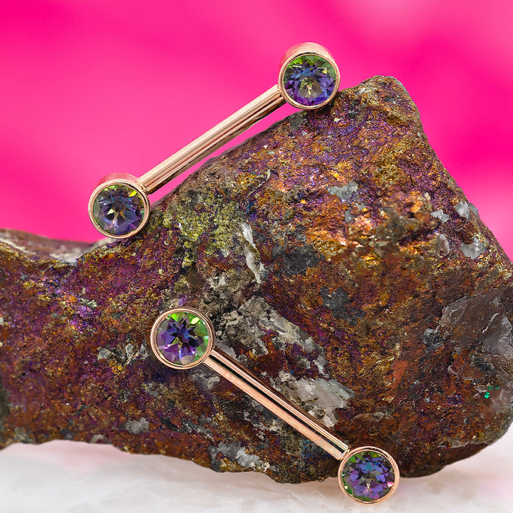 Forward Facing Nipple Barbells in Gold with Mystic Topaz