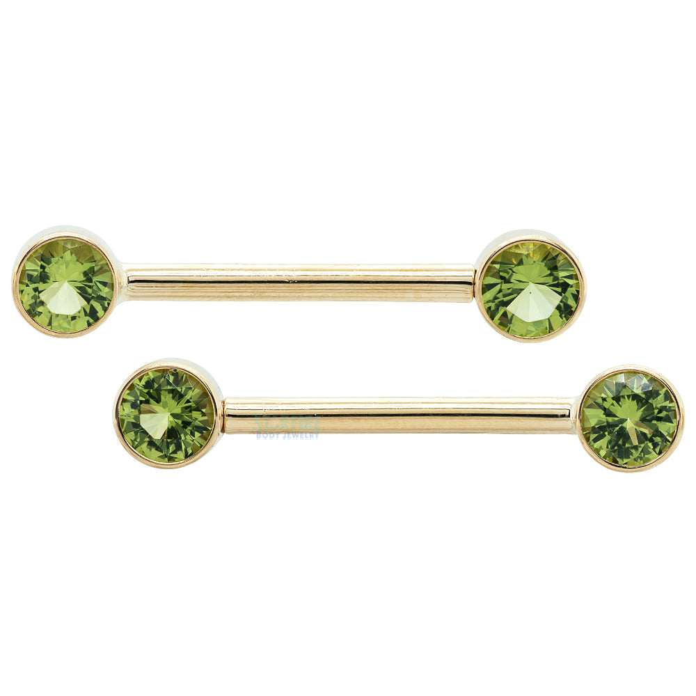 Forward Facing Nipple Barbells in Gold with Peridot