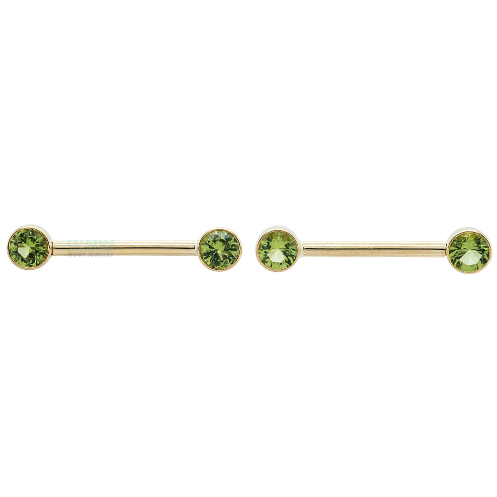 BVLA - Body Vision Forward Facing Nipple Barbells in Gold with Peridot Starfire Body Jewelry Company BVLA - Body Vision Forward Facing Nipple Barbells in Gold with Peridot Starfire Body Jewelry Company