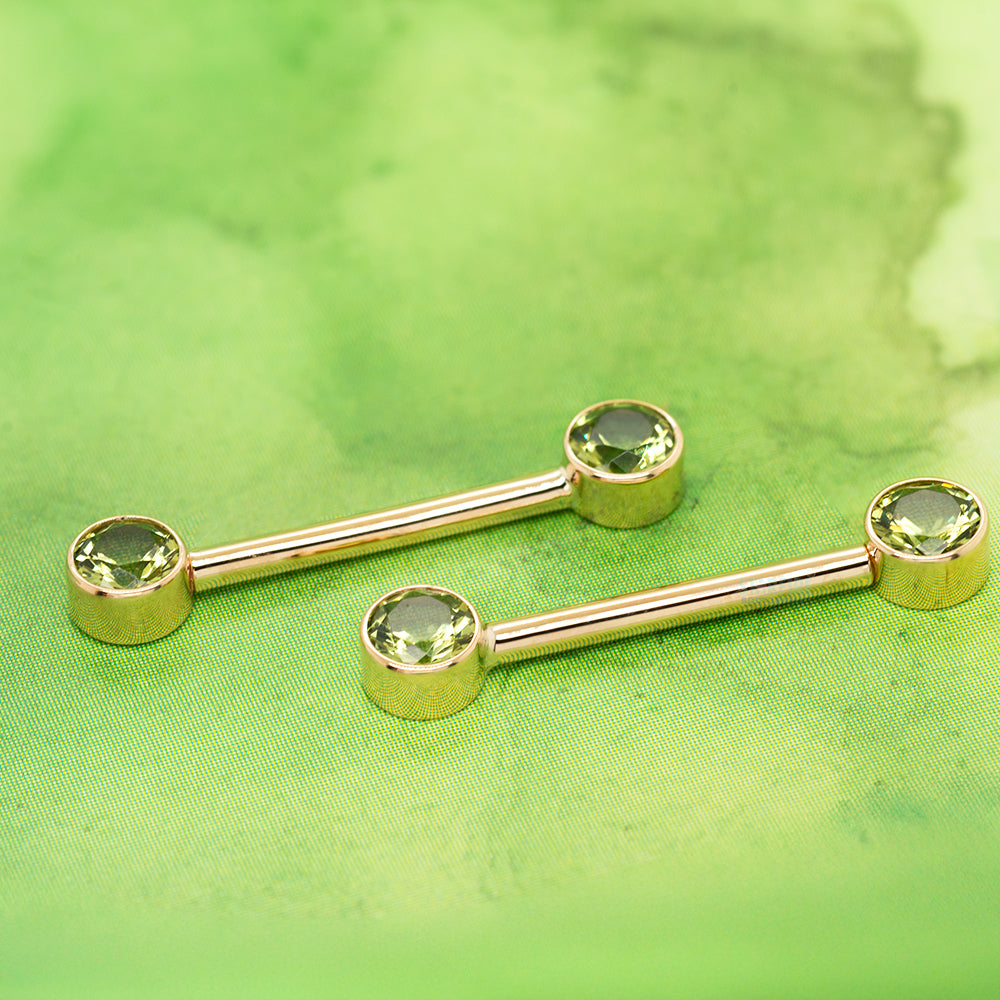 Forward Facing Nipple Barbells in Gold with Peridot