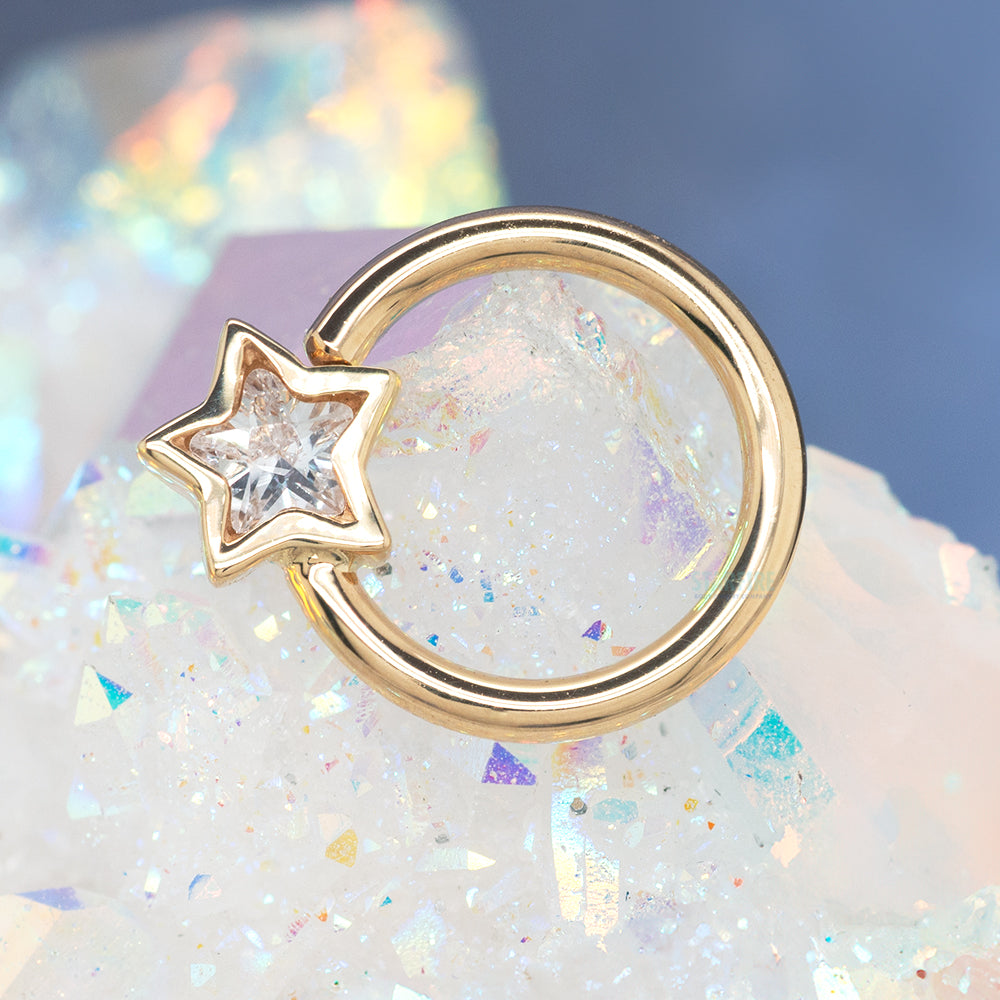 "Razmatazz" Star Bezel Fixed Bead Ring (FBR) in Gold & Platinum with White CZ