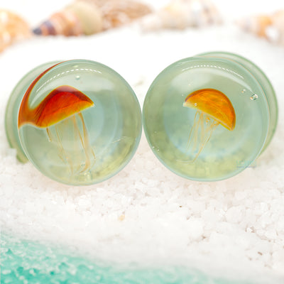 Jellyfish - Amber/Purple on Caribbean Blue Glass Plugs