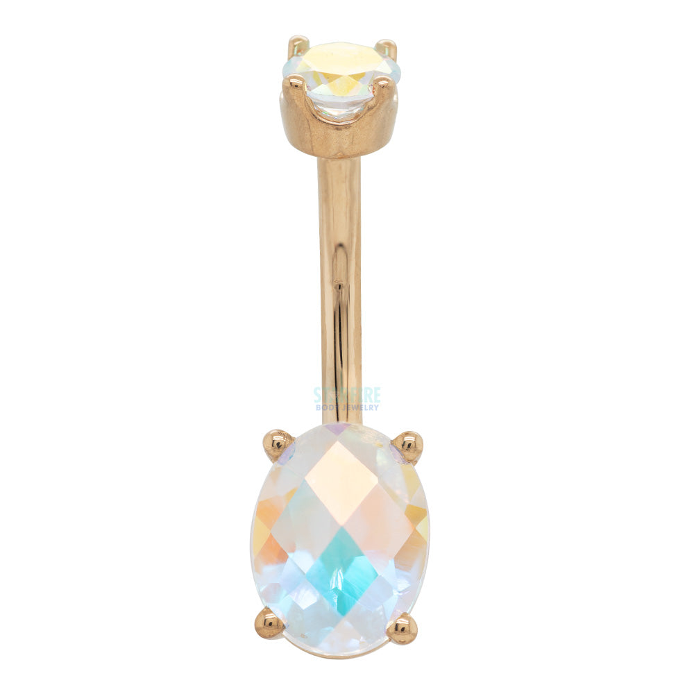 Oval Prong Navel Curve in Gold & Platinum with CHECKERBOARD Mercury Mist Topaz