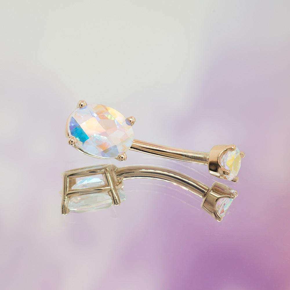 Oval Prong Navel Curve in Gold & Platinum with CHECKERBOARD Mercury Mist Topaz