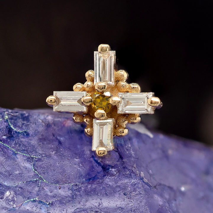 "Gaia" Threaded End in Gold with White Diamond & Golden Yellow Diamond