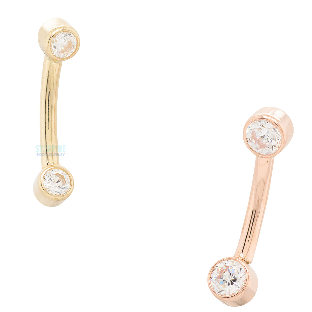 Gold Curved Barbell with White CZ's in Forward Facing Bezels