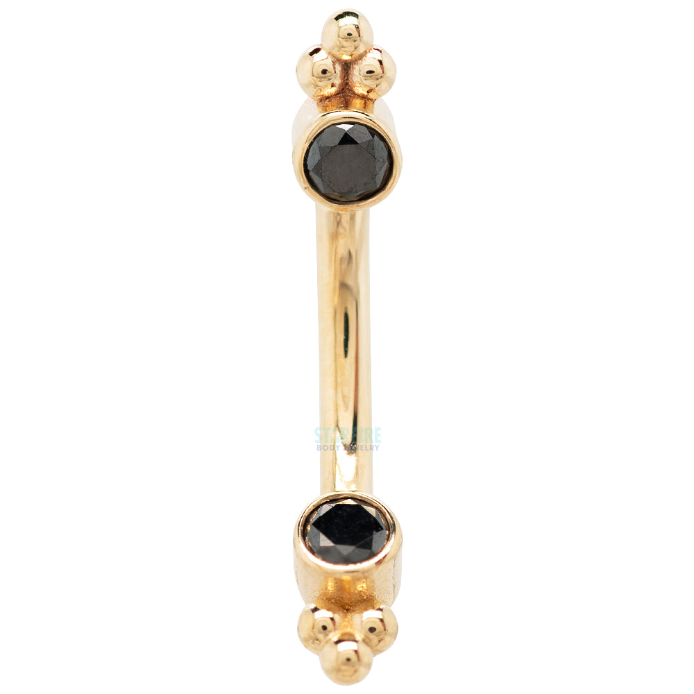 Gold & Platinum Curved Barbell with Black Diamonds in Forward Facing Bezels & Tri Bead Accents