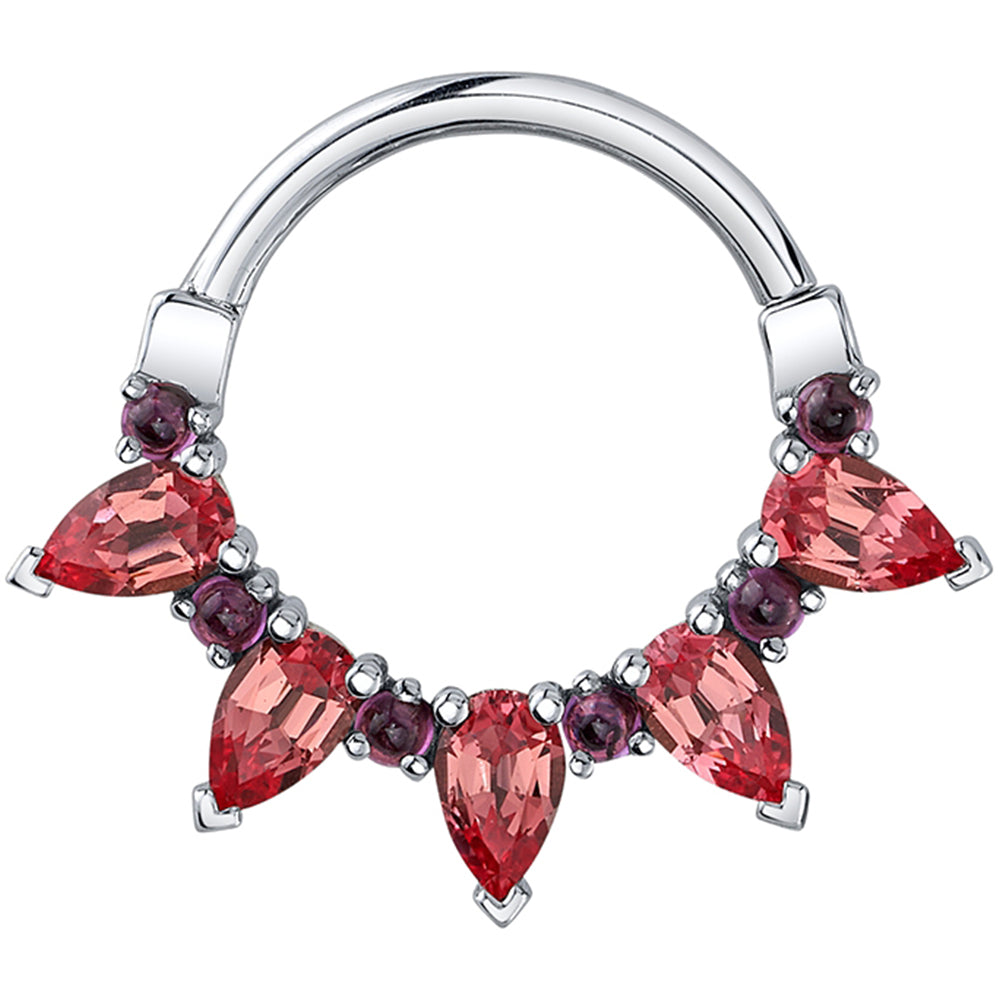 "Pear Kolo" Hinge Ring in Gold with Rhodolite & Padparadscha Sapphires