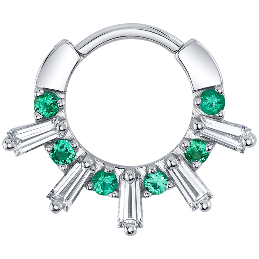 "Baguette Kolo" Hinge Ring in Gold with White Sapphire & Emeralds