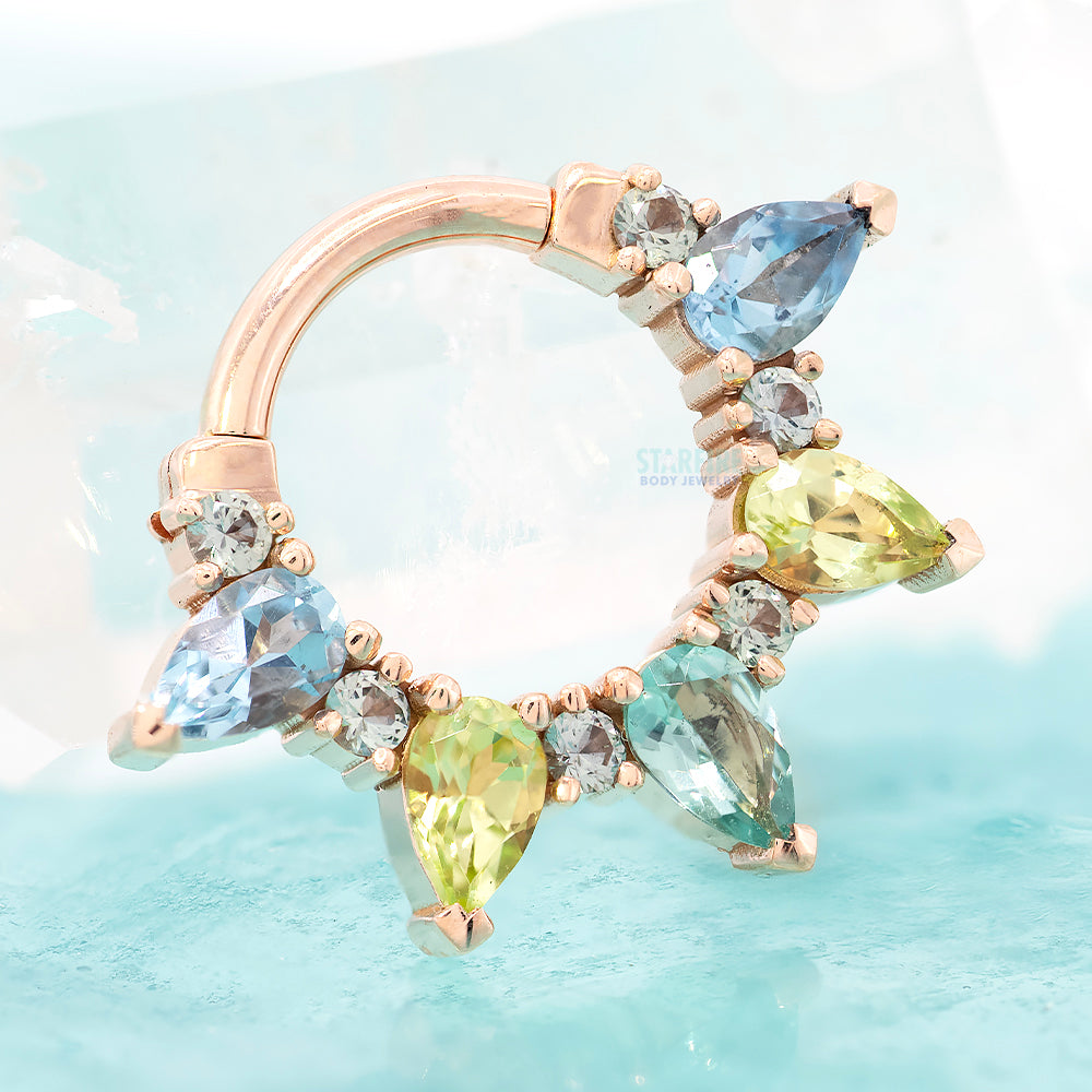 "Pear Kolo" Hinge Ring in Gold & Platinum with Grey Sapphire, Aquamarine, Peridot, Seafoam Tourmaline