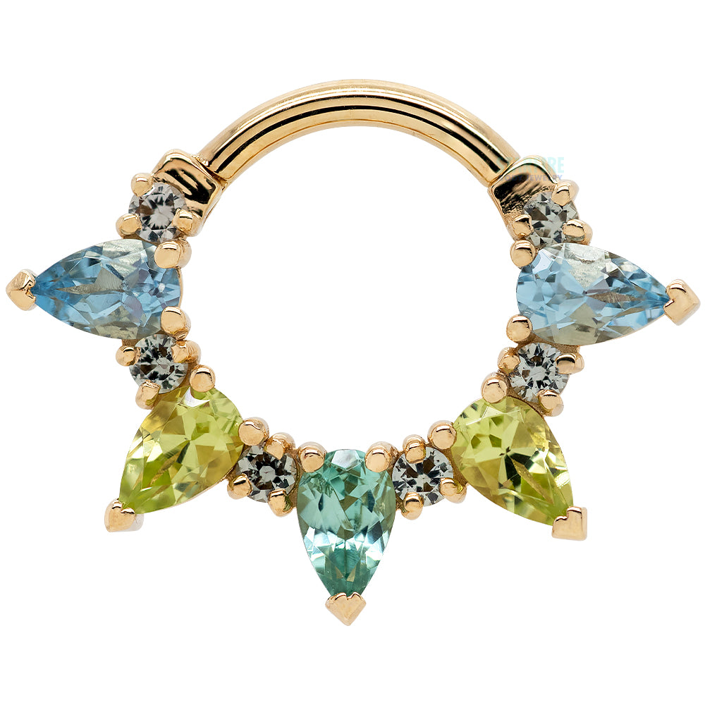 "Pear Kolo" Hinge Ring in Gold & Platinum with Grey Sapphire, Aquamarine, Peridot, Seafoam Tourmaline