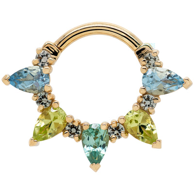 "Pear Kolo" Hinge Ring in Gold & Platinum with Grey Sapphire, Aquamarine, Peridot, Seafoam Tourmaline