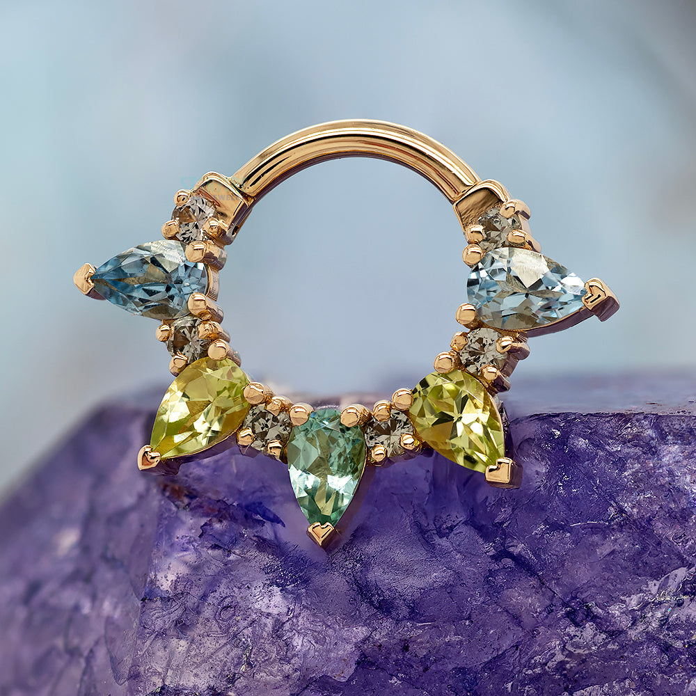"Pear Kolo" Hinge Ring in Gold & Platinum with Grey Sapphire, Aquamarine, Peridot, Seafoam Tourmaline