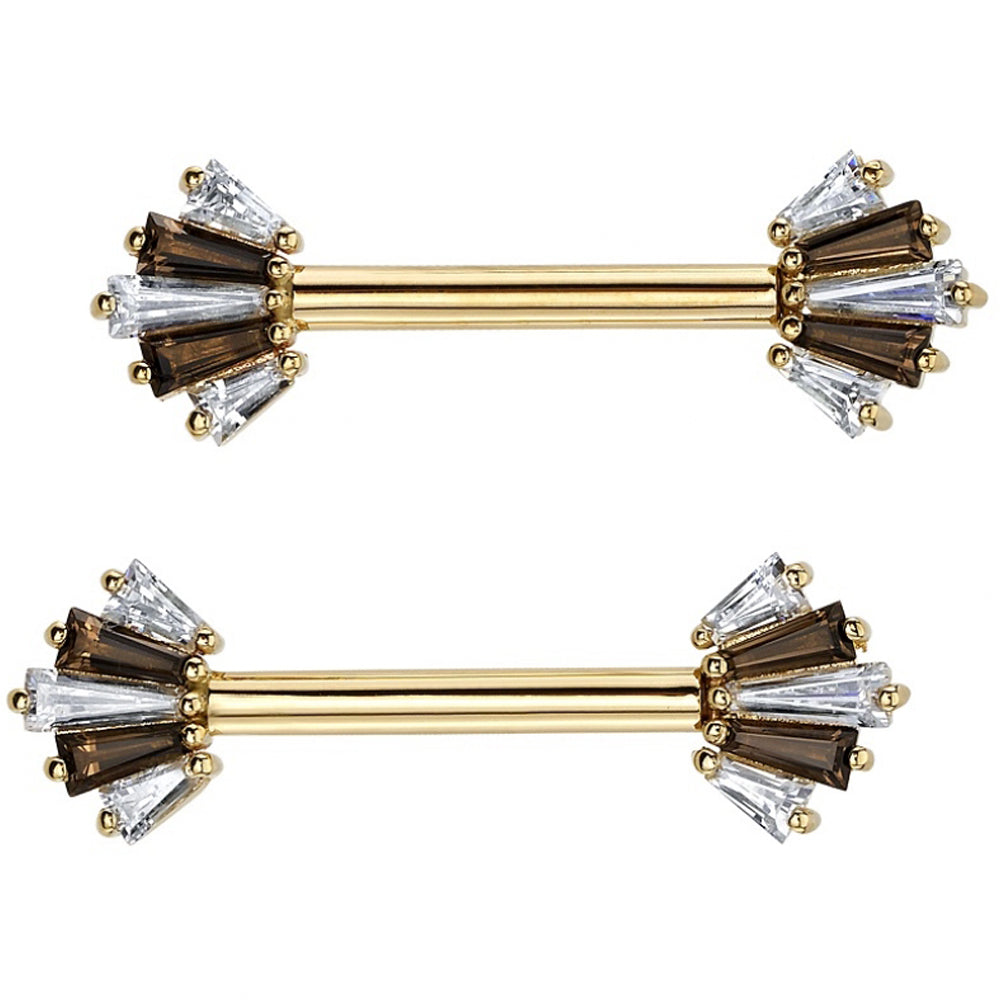 "Oceane 5" Forward Facing Nipple Barbells in Gold with White CZ & Smoky Quartz