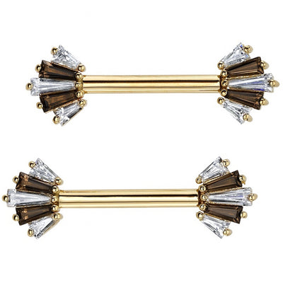 "Oceane 5" Forward Facing Nipple Barbells in Gold with White CZ & Smoky Quartz