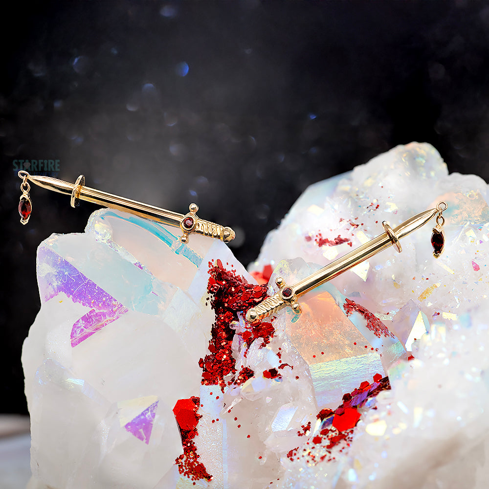 "Kiss of Death" Forward Facing Nipple Barbells in Gold with Garnets