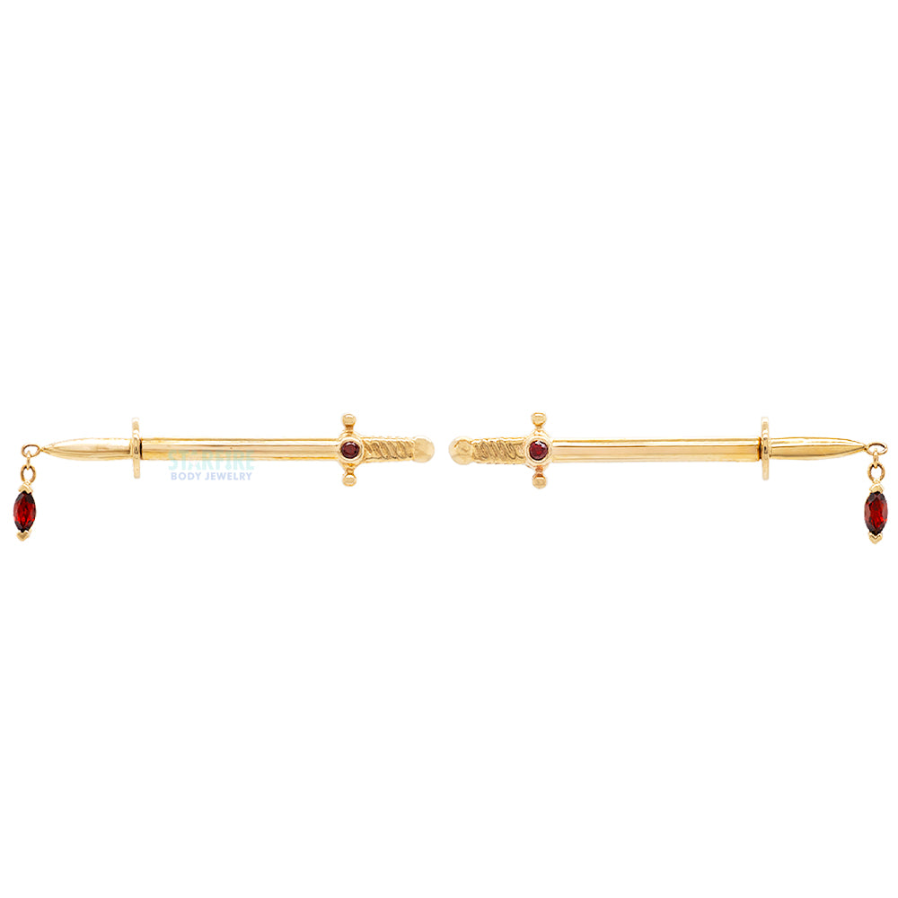 "Kiss of Death" Forward Facing Nipple Barbells in Gold with Garnets
