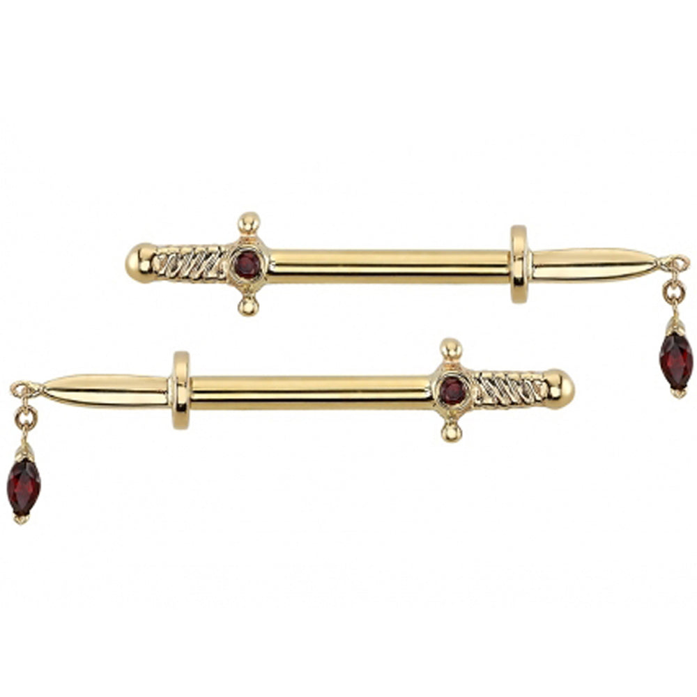 "Kiss of Death" Forward Facing Nipple Barbells in Gold with Garnets