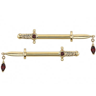 "Kiss of Death" Forward Facing Nipple Barbells in Gold with Garnets