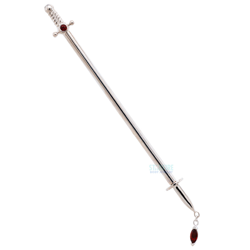 "Kiss of Death" Industrial Barbell in Gold & Platinum with Garnets