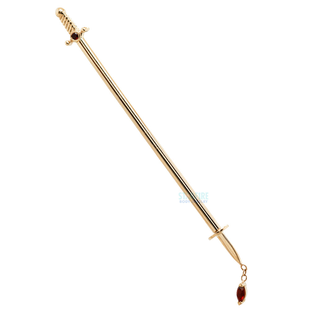 "Kiss of Death" Industrial Barbell in Gold & Platinum with Garnets