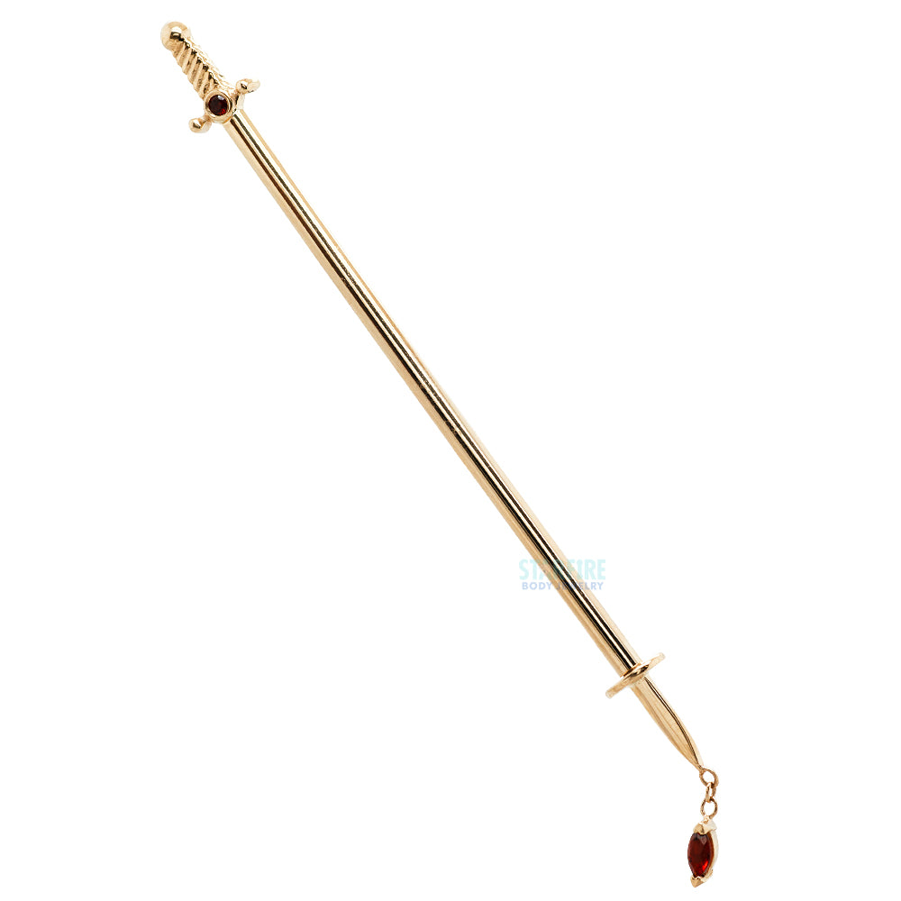 "Kiss of Death" Industrial Barbell in Gold with Garnets