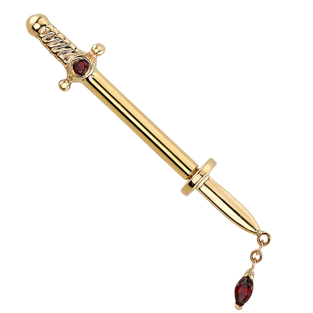"Kiss of Death" Industrial Barbell in Gold with Garnets