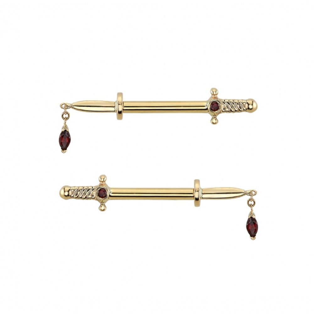 "Kiss of Death" Forward Facing Nipple Barbells in Gold with Garnets