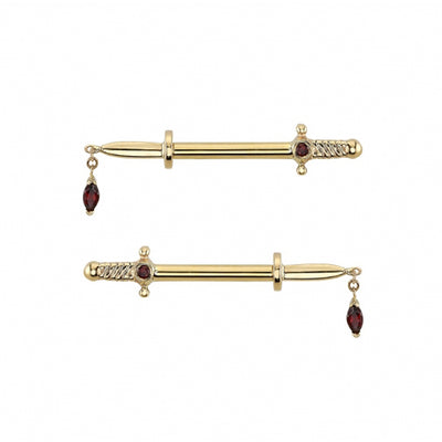 "Kiss of Death" Forward Facing Nipple Barbells in Gold with Garnets