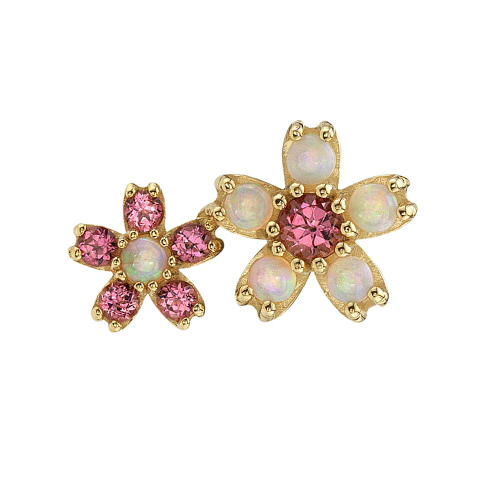 Mini Cherry Blossom Cluster Threaded End in Gold & Platinum with Genuine White Opals & Pink Tourmaline