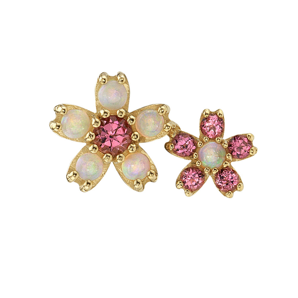 Mini Cherry Blossom Cluster Threaded End in Gold & Platinum with Genuine White Opals & Pink Tourmaline