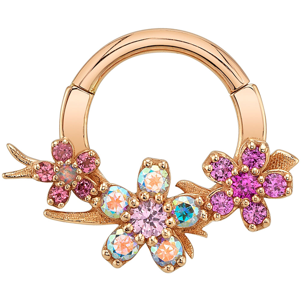 Sakura Branch Hinge Ring in Gold & Platinum with Mercury Mist Topaz, Pink Tourmaline, Genuine White Opal & Pink Sapphires