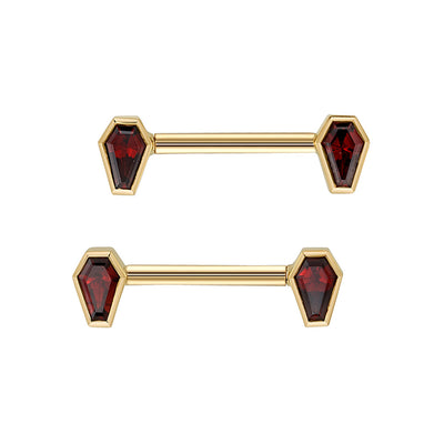 "Coffin" Forward Facing Nipple Barbells in Gold with Garnet's