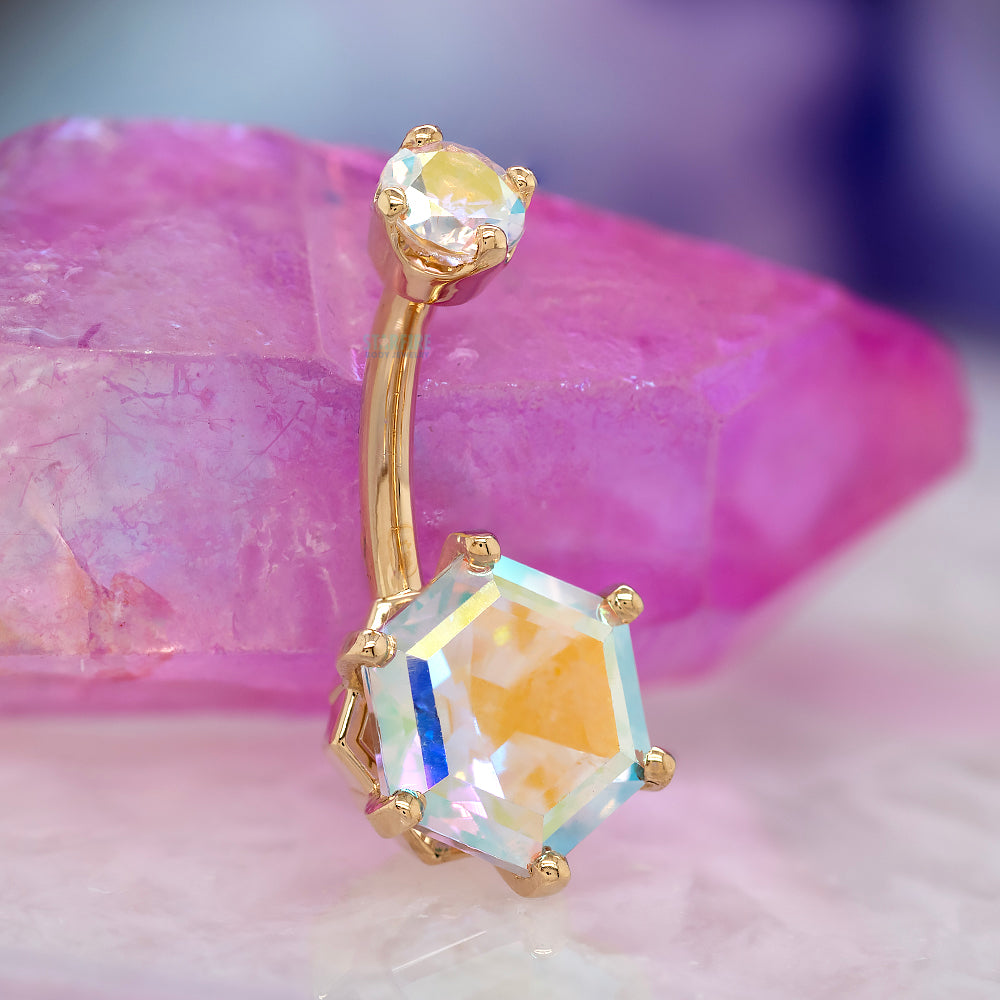 Hexagon Prong-Set Navel Curve in Gold & Platinum with Mercury Mist Topaz'