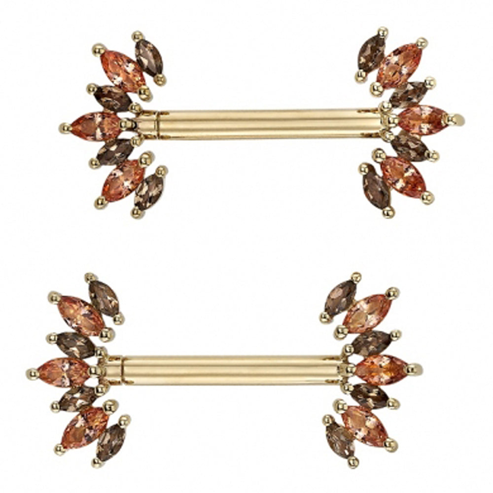 "Athena" Forward Facing Nipple Barbells in Gold with Smoky Quartz & Peach Topaz'