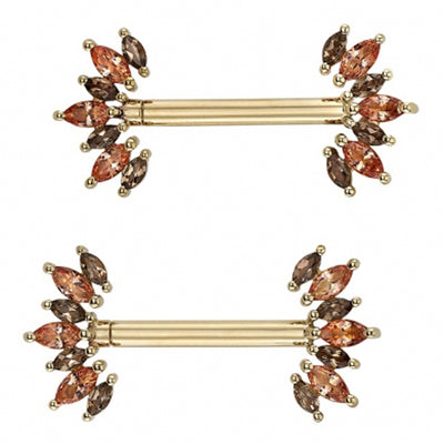 "Athena" Forward Facing Nipple Barbells in Gold with Smoky Quartz & Peach Topaz'