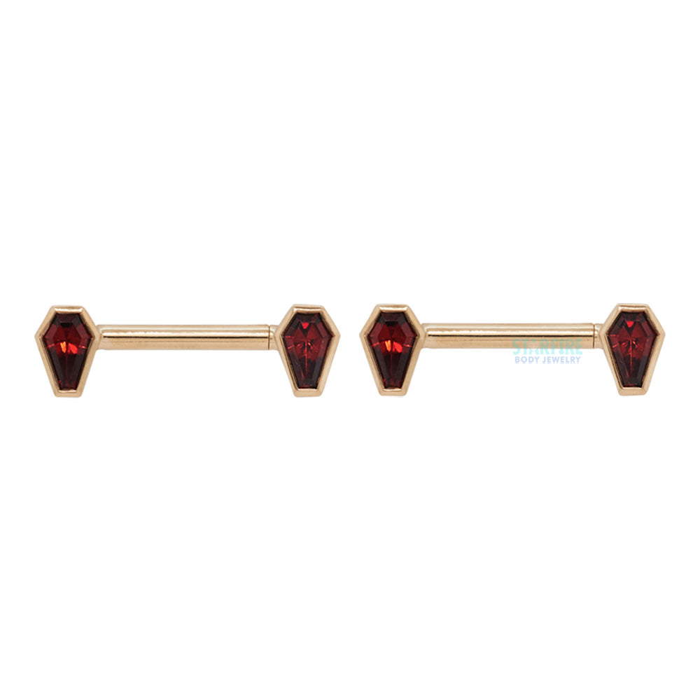"Coffin" Forward Facing Nipple Barbells in Gold with Garnet's