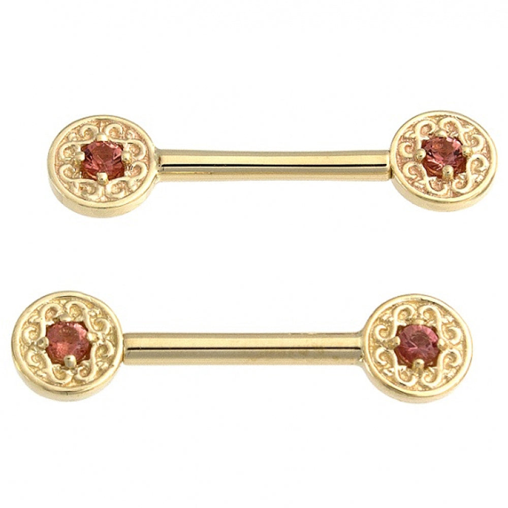 "Elizabeth" Forward Facing Nipple Barbells in Gold with Anastasia Topaz