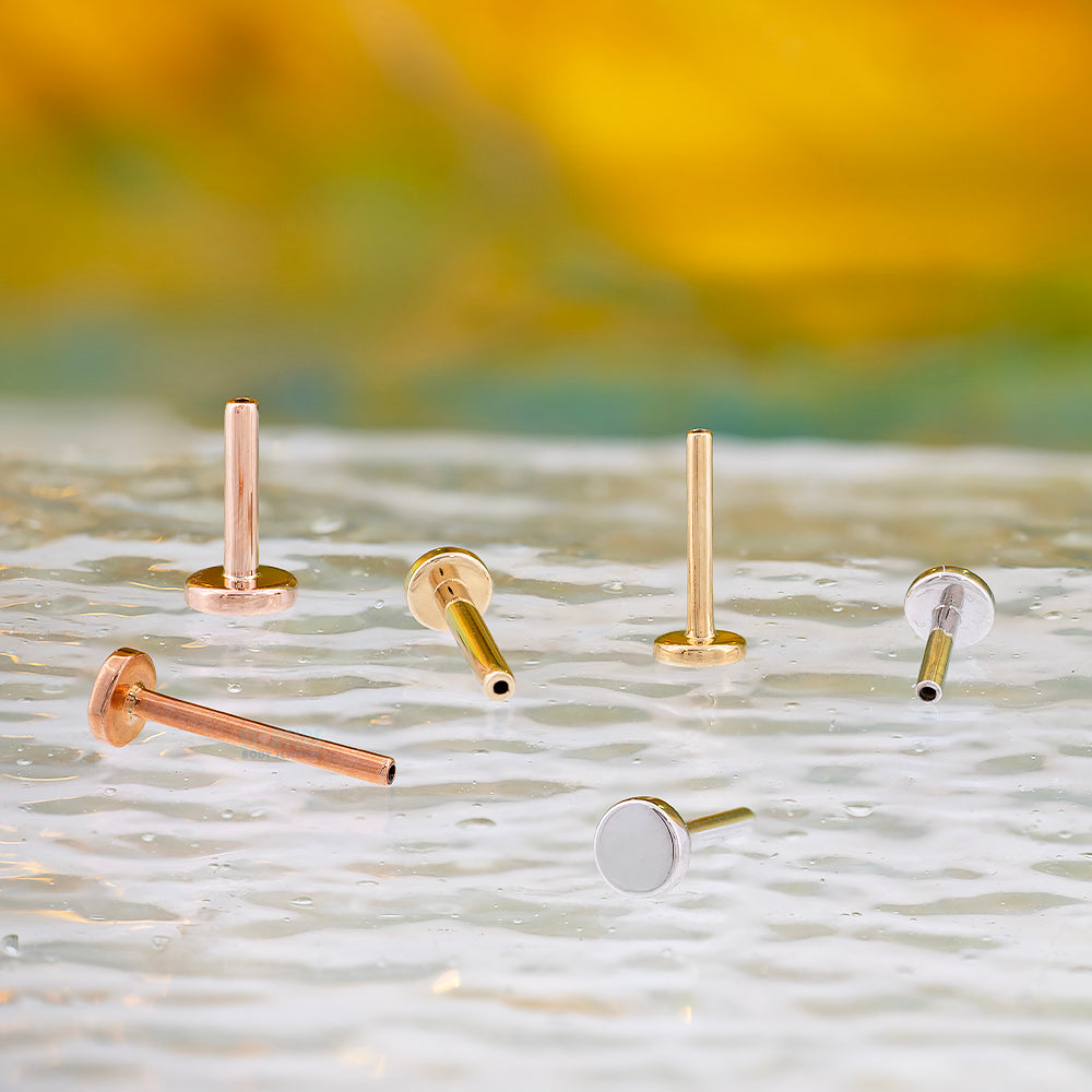 threadless: Gold & Platinum Flatback / Labret Post / Straight Barbell End with Fixed Disc