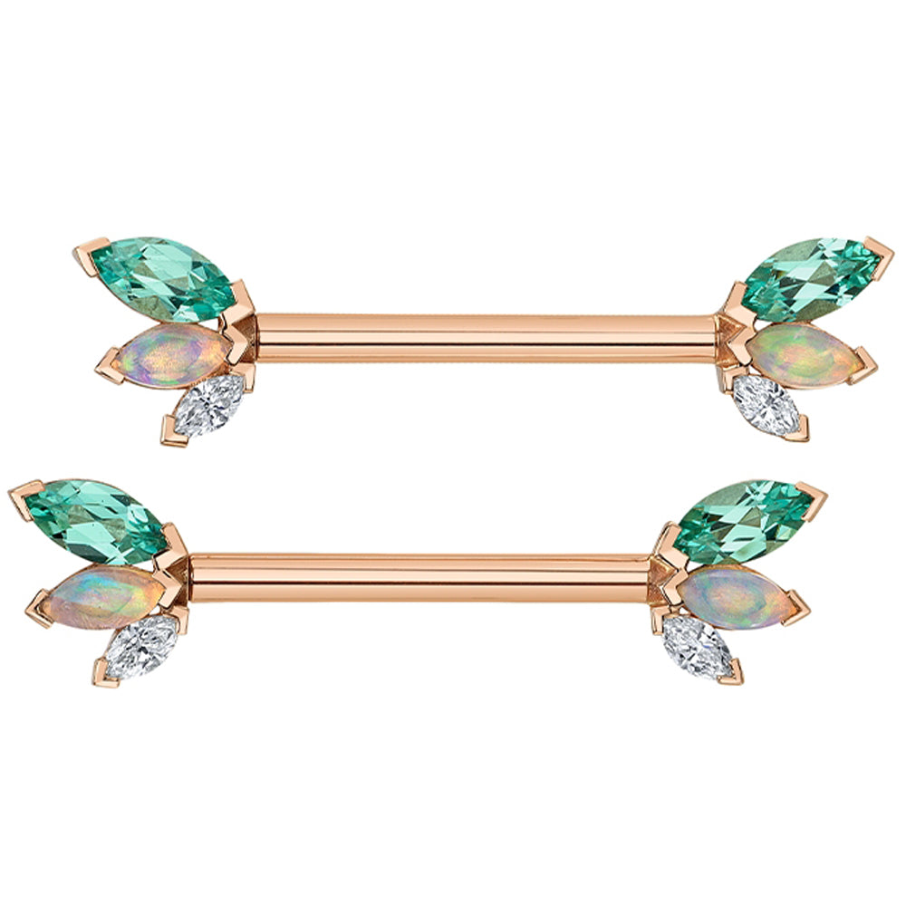 "French Kiss" Forward Facing Nipple Barbells in Gold & Platinum with Chatham Chrysoberyl, Genuine White Opal & DIAMONDS