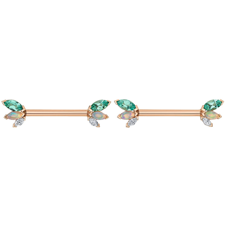 "French Kiss" Forward Facing Nipple Barbells in Gold & Platinum with Chatham Chrysoberyl, Genuine White Opal & DIAMONDS